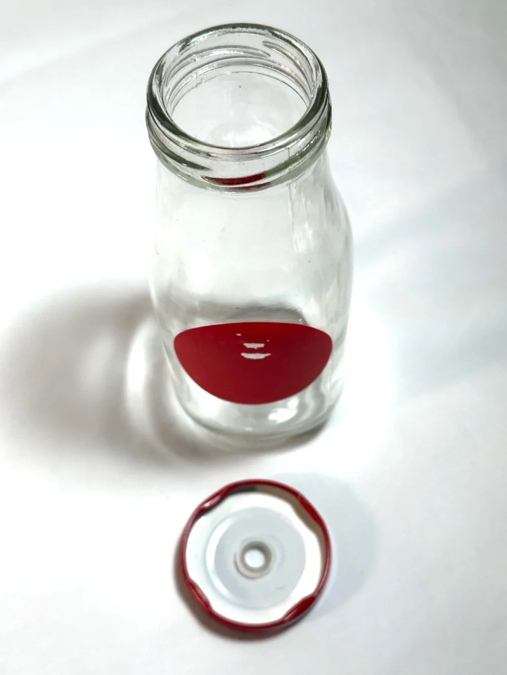 Set 6 Glass Bottles in Red Metal Carrier w/ Holes for Straws, Farmhouse Chic